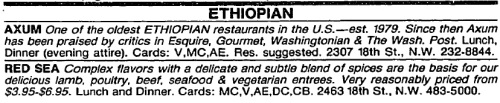 The Washington Post has a classified ad category for Ethiopian restaurants in 1985