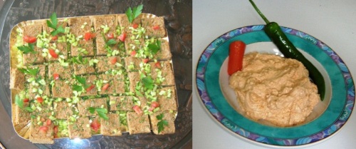 Dirkosh with shiro (left) and spicy yogurt dip with berbere
