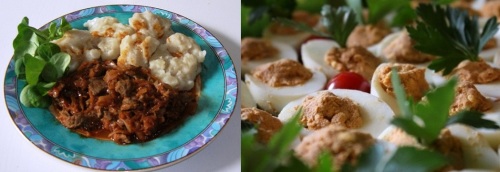 Goulash with dumplings (left) and berbere deviled eggs (right)