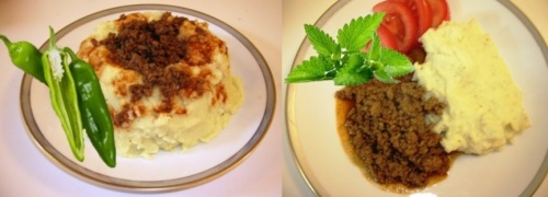 Two ways to serve Wilma's mashed potatoes with berbere-spiced meat sauce
