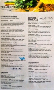 The menu at Zehabesha in Yellowknife, Northwest Territories